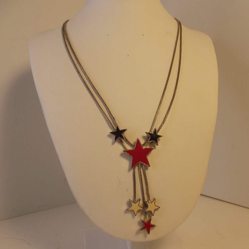 Red White & Blue Enamel Star Necklace - Vintage "Y" Style - Silver Tone Metal